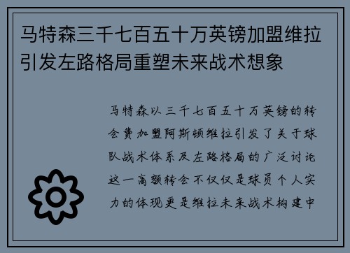 马特森三千七百五十万英镑加盟维拉引发左路格局重塑未来战术想象 马特森三千七百五十万英镑加盟维拉引发左路格局重塑未来战术想象